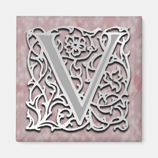 V Monogram 'Silver Stone' 2" Square Magnet (Front)