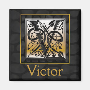 V Name Monogram "Celtic Black Stone" Square Magnet