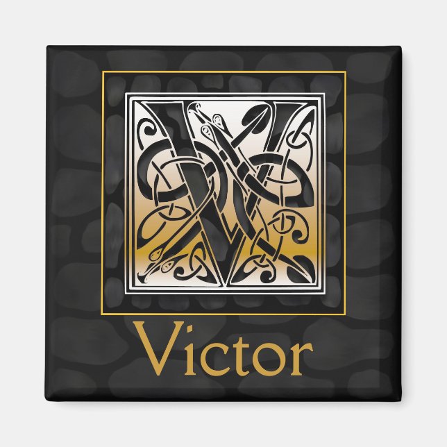 V Name Monogram "Celtic Black Stone" Square Magnet (Front)