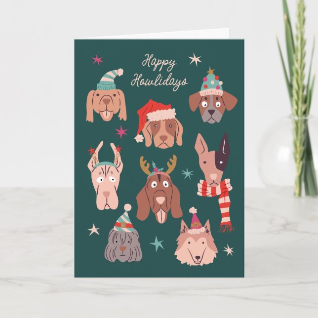 Vacances Chiens de Noël Carte de voeux verte (Devant)