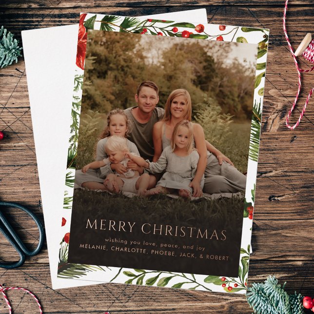 Vacances de Noël Famille Photo Salutations Gold (Family Photo Red Berries Christmas Greetings Card)