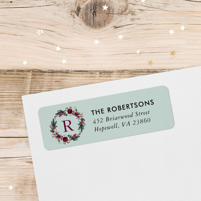 Vacances Florale Noël Wreath Monogramme Adresse (Créateur téléchargé)
