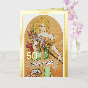 Vacances Métallisée 50e carte d'anniversaire, déesse de printemps, art