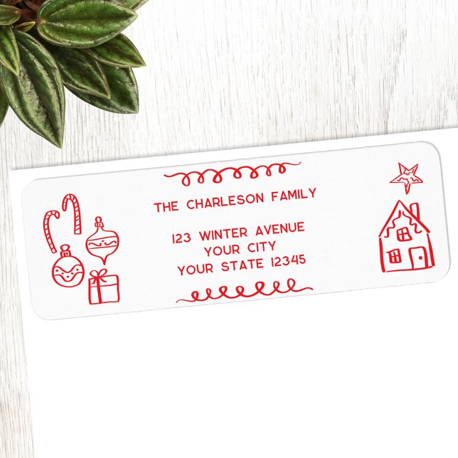 Vacances Scribble Doodle Rouge Blanc Adresse de re (Fun holiday doodle scribble illustration Christmas personalized return address label)