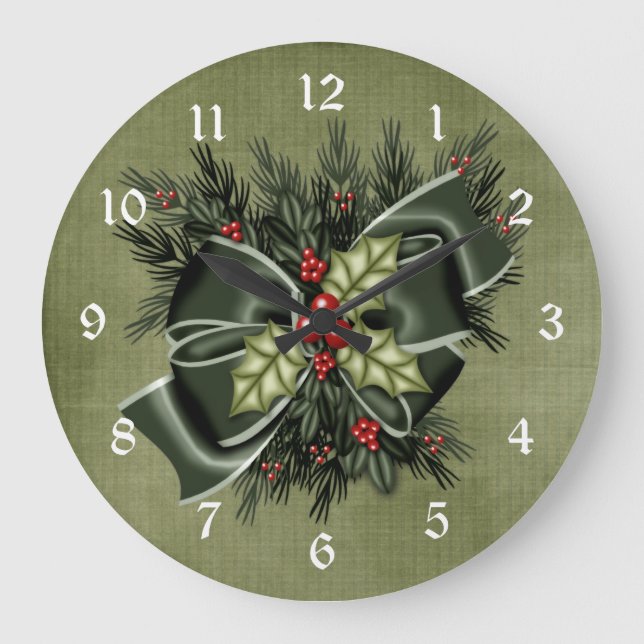 Vacances verdure & Bow vert foncé Horloge de Noël (Recto)