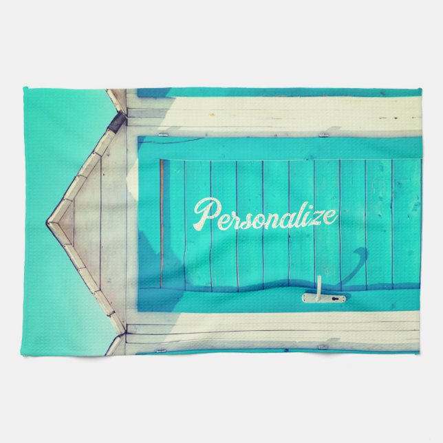 Vacation beachfront cabana turquoise white kitchen towel (Horizontal)
