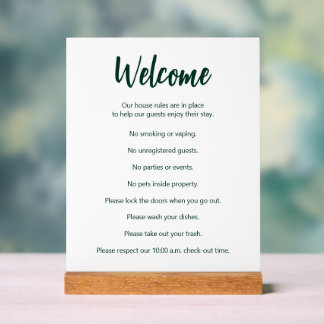 Vacation House Rules Dark Green and White Template Acrylic Sign