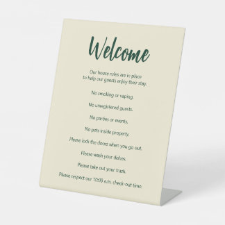 Vacation House Rules Dark Green and White Template Pedestal Sign