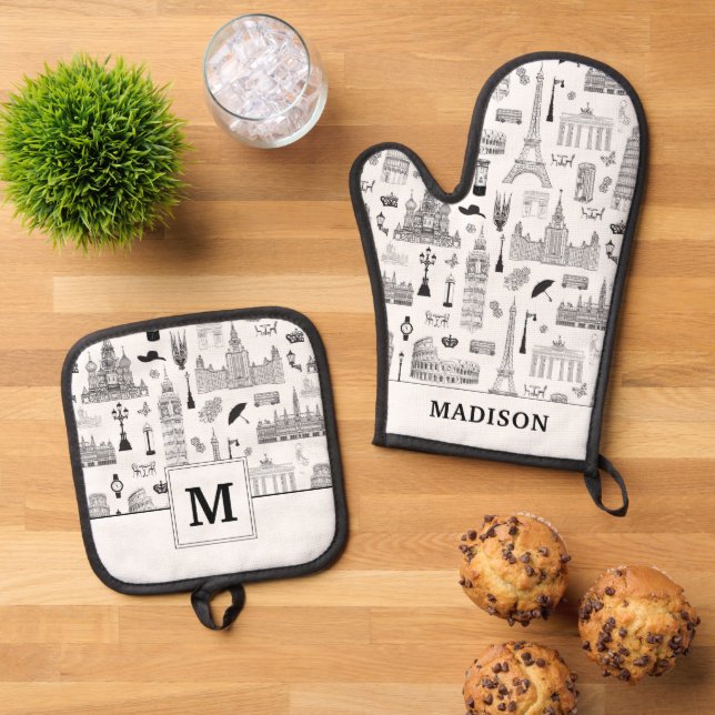 Vacation In Europe Pattern Oven Mitt & Pot Holder Set (Top Down)