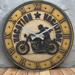 Vacation Motorcycle Vintage Retro Rider Garage Large Clock