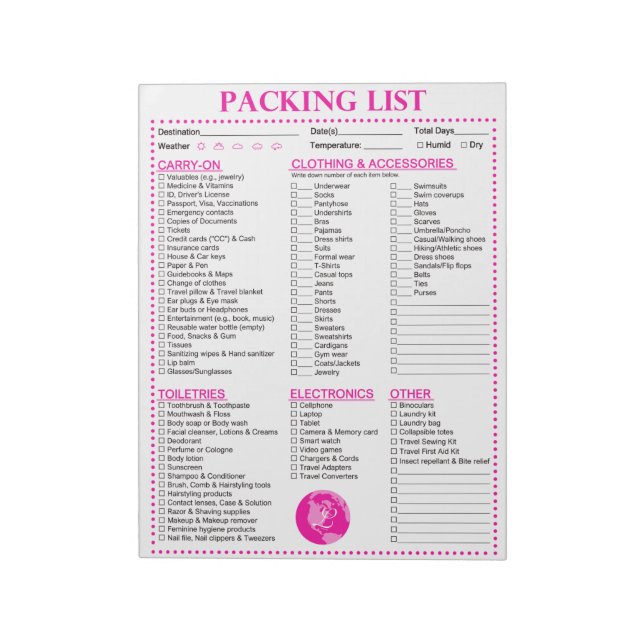 Vacation Packing List, Personalized Globe Monogram Notepad (Rotated)