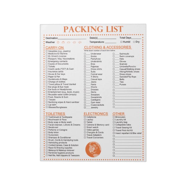 Vacation Packing List, Personalized Globe Monogram Notepad (Rotated)
