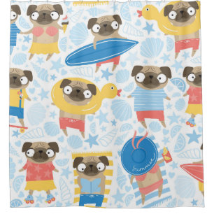 Vacation pugs, summer beach seamless.