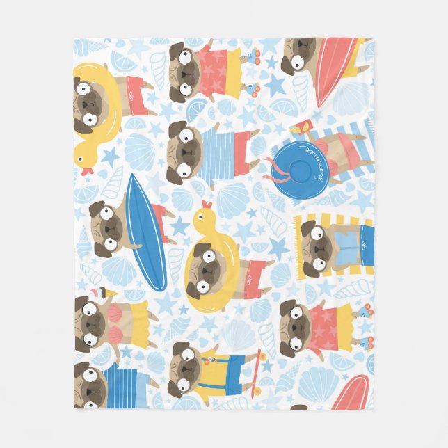 Vacation pugs, summer beach seamless. fleece blanket (Front)