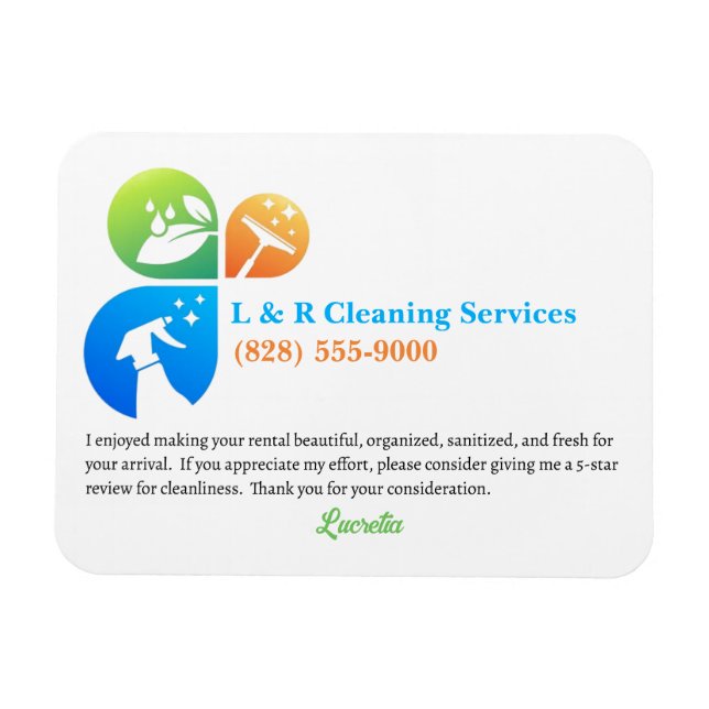 Vacation Rental Cleaner Housekeeper 5 Star Review  Magnet (Horizontal)