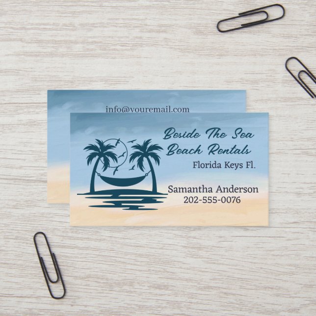 Vacation Rental QR Code Beach Palm Tree Business Card (Front/Back In Situ)