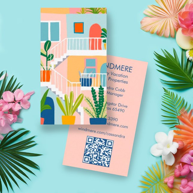 Vacation Rental Real Estate Agent Realtor QR Code Business Card (Custom artwork real estate business cards perfect for vacation rental agents, custom QR code)
