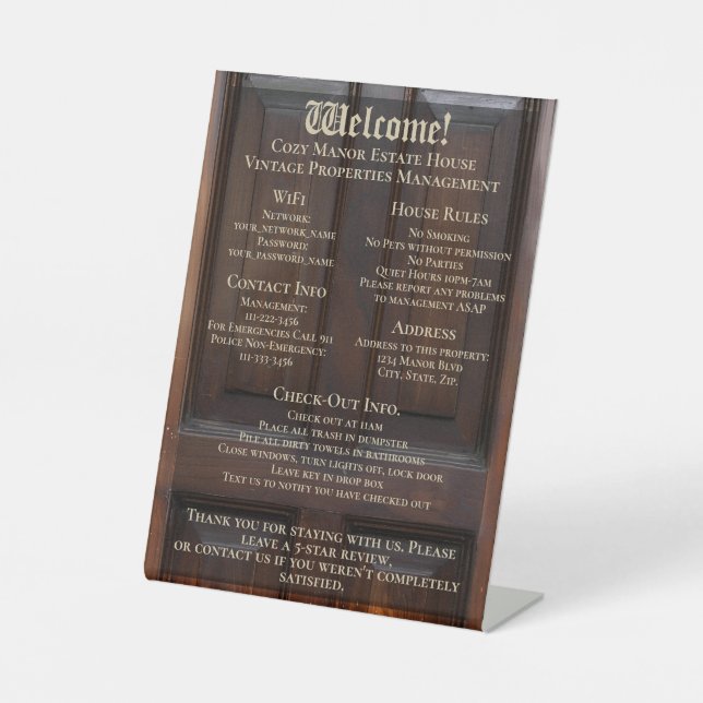 Vacation Rental Welcome Guest House Information Pedestal Sign (Front)