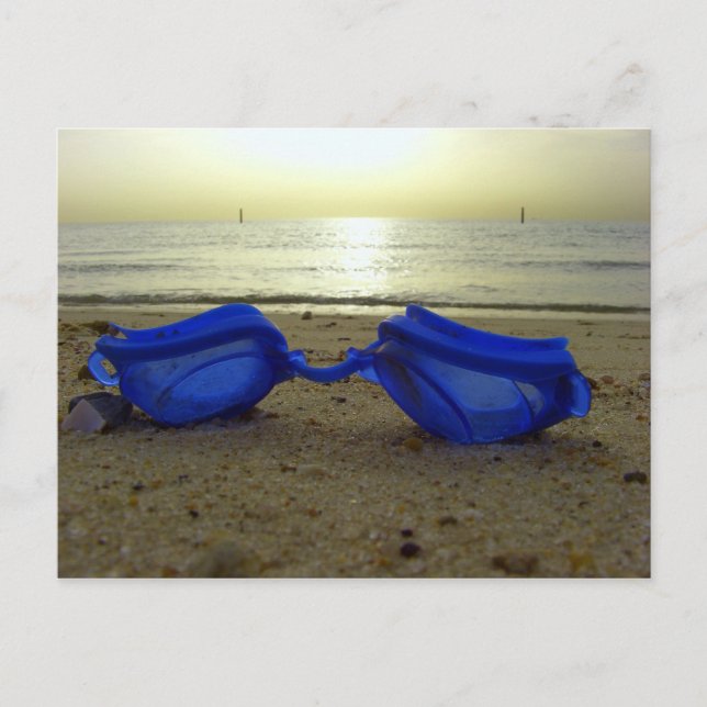 Vacation time, blue goggles at the beach postcard (Front)
