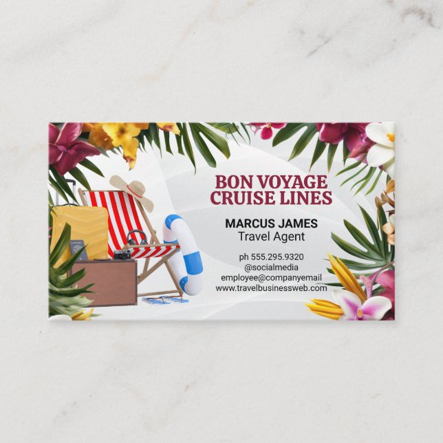 Vacation Travel | Tropical Flowers Leaves Business Card (Front)