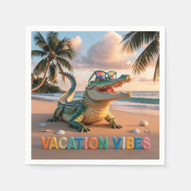 "Vacation Vibes" Cool Crocodile on Beach Napkin (Front)