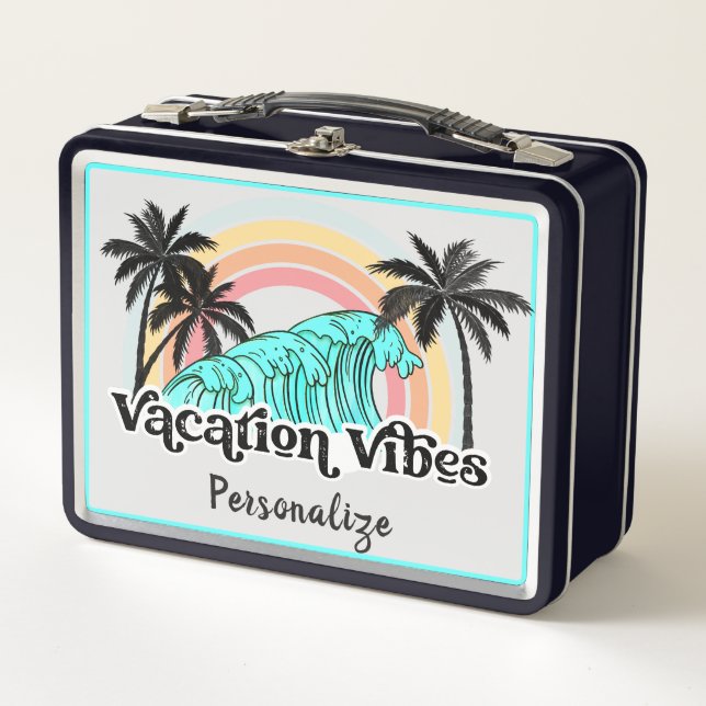 Vacation Vibes Ocean Waves Palm Trees Personalized Metal Lunch Box (Front)