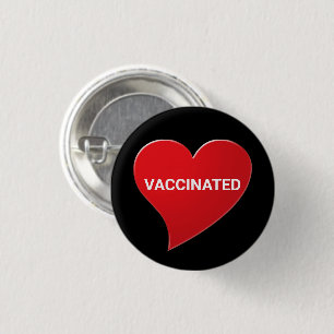 Vaccinated, red heart black white pin button