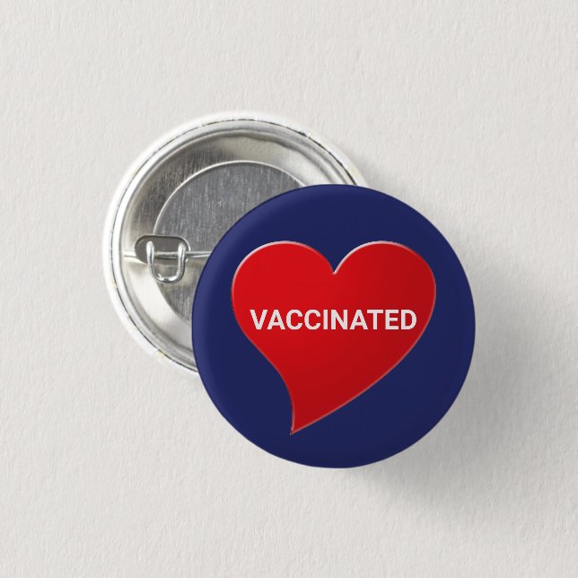 Vaccinated, red heart navy blue pin button (Front & Back)