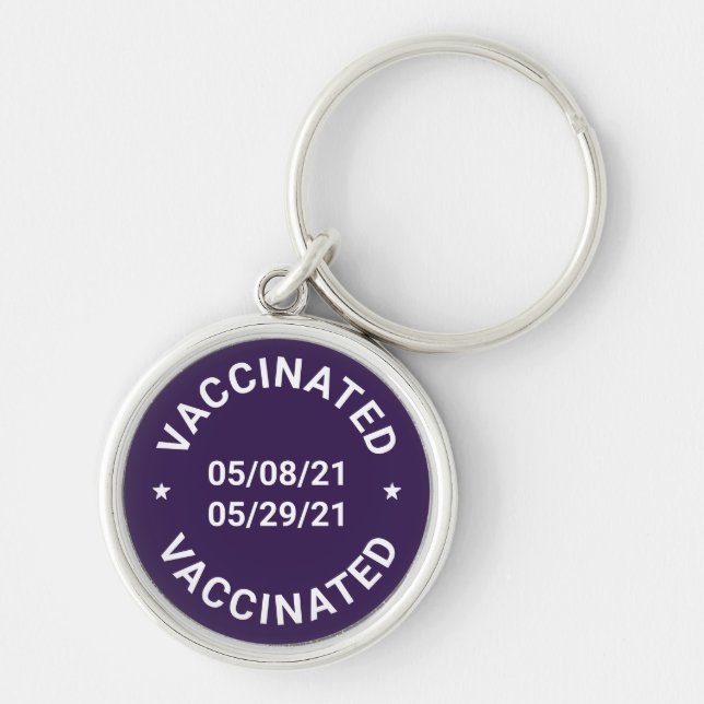 Vaccinated with custom dates text violet purple keychain (Front)