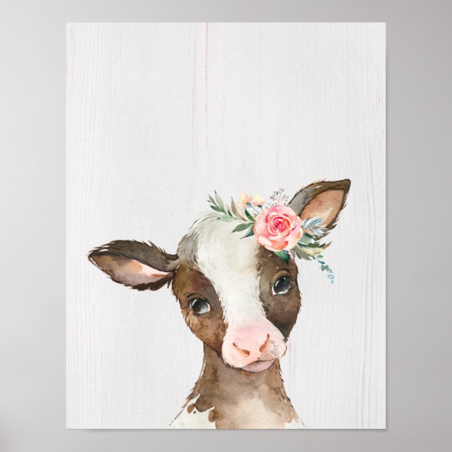 Vache d'aquarelle, Baby Animals Poster de pépinièr (Devant)
