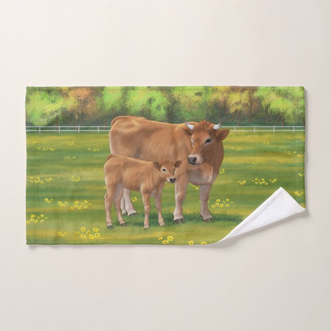 Vache d'Aubrac et veau mignon dans le pâturage de  (Serviette à main)