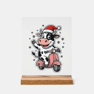 Vache de Noël à scooter rose vintage vecteur_1