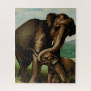 Vache d'éléphant vintage avec son puzzle de veau