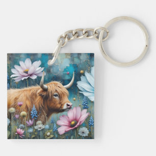 Vache des Highlands dans une tapisserie florale co
