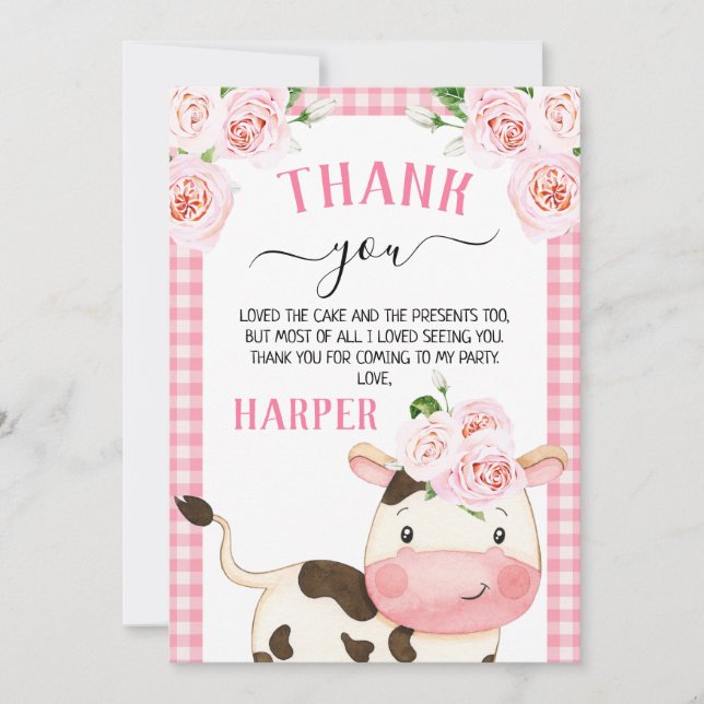 Vache florale rose à thème Carte de remerciements  (Devant)