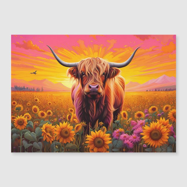 Vache Highland dans les tournesols - Carte magnéti (Devant)