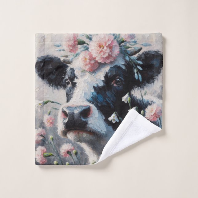 Vache Holstein en peinture oeillets roses (Gant de toilette)