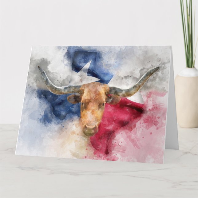Vache Longhorn avec Texas Drapeau Carte Aquarelle (Devant)