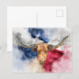 Vache Longhorn avec Texas Drapeau Carte Aquarelle
