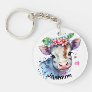 Vache mignonne avec votre nom aquarelle florale fe