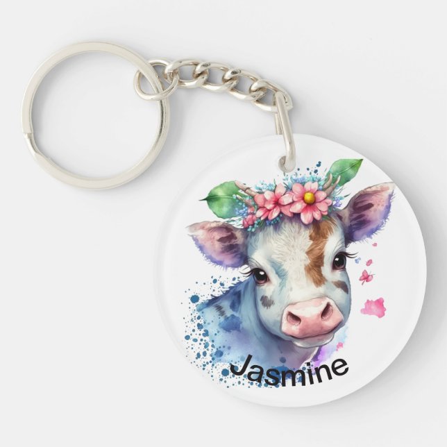 Vache mignonne avec votre nom clé de ferme d'aquar (Devant)