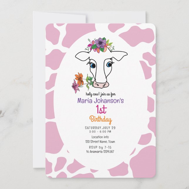 Vache rose 1er anniversaire Invitation (Devant)