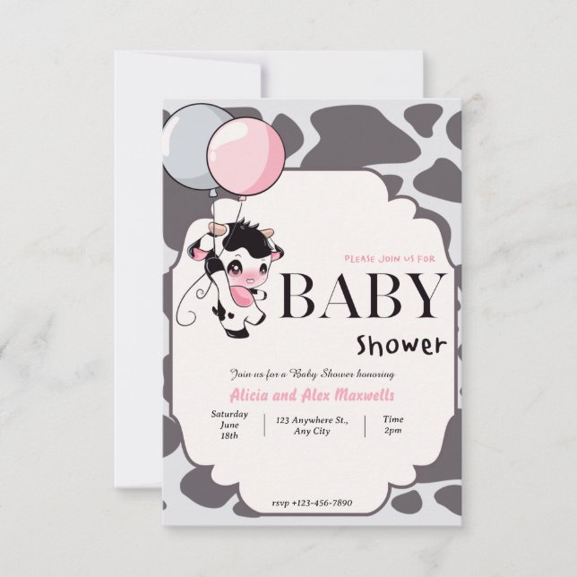 Vache rose noire avec invitation baby shower à bal (Devant)