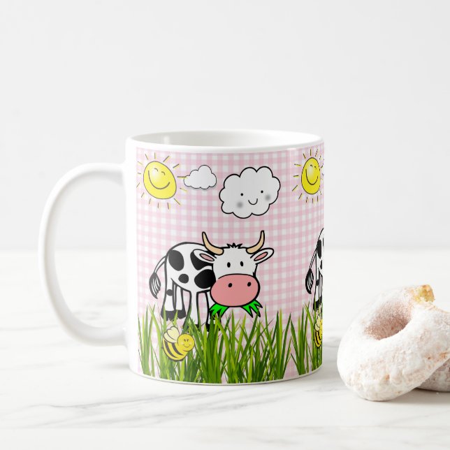 Vache rose Plaid Floral Nuages Solaires Mug (Avec donut)