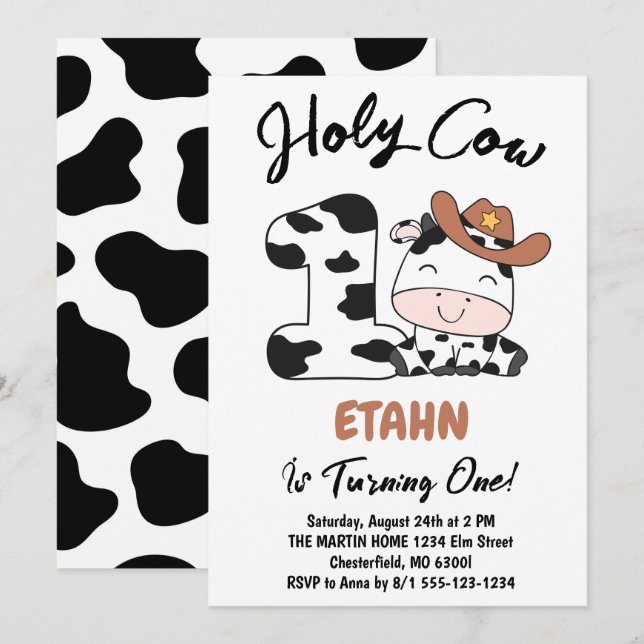 Vache sacrée, j'ai un an Invitation pour l'anniver (Devant / Derrière)
