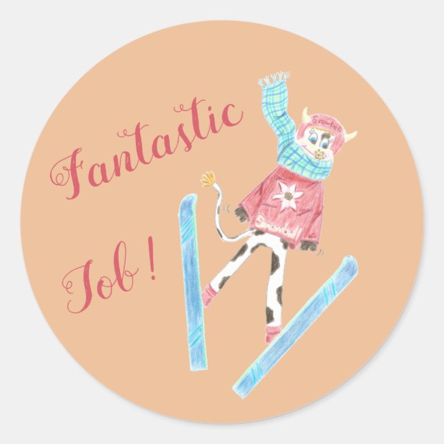 Vache saut à ski, travail fantastique - Stickers r (Devant)