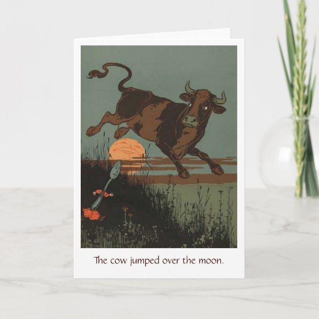 Vache saute sur la lune, carte de voeux (Devant)