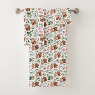 Vaches Highland et fleurs roses Motif Floral
