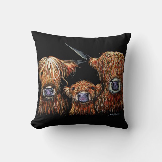 Vaches Highland 'We 3 Coos on Black' Coussin Cushi (Recto)