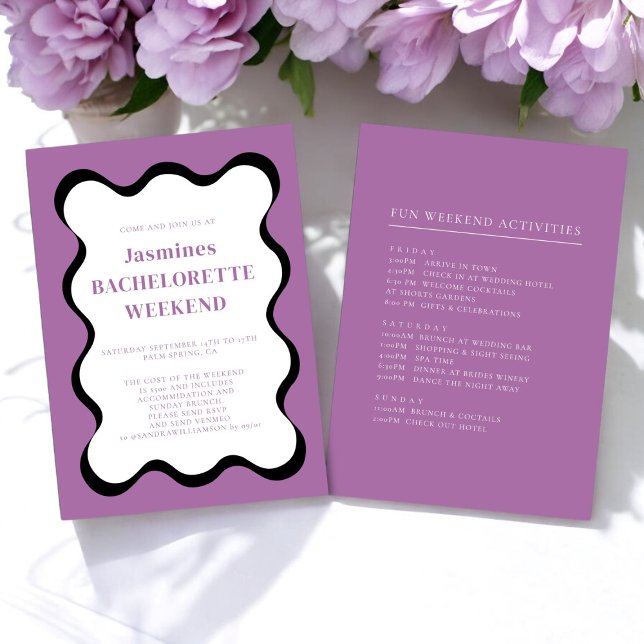 vague fun moderne bachelorette Invitation (purple and black wave retro bachelorette weekend invitation )